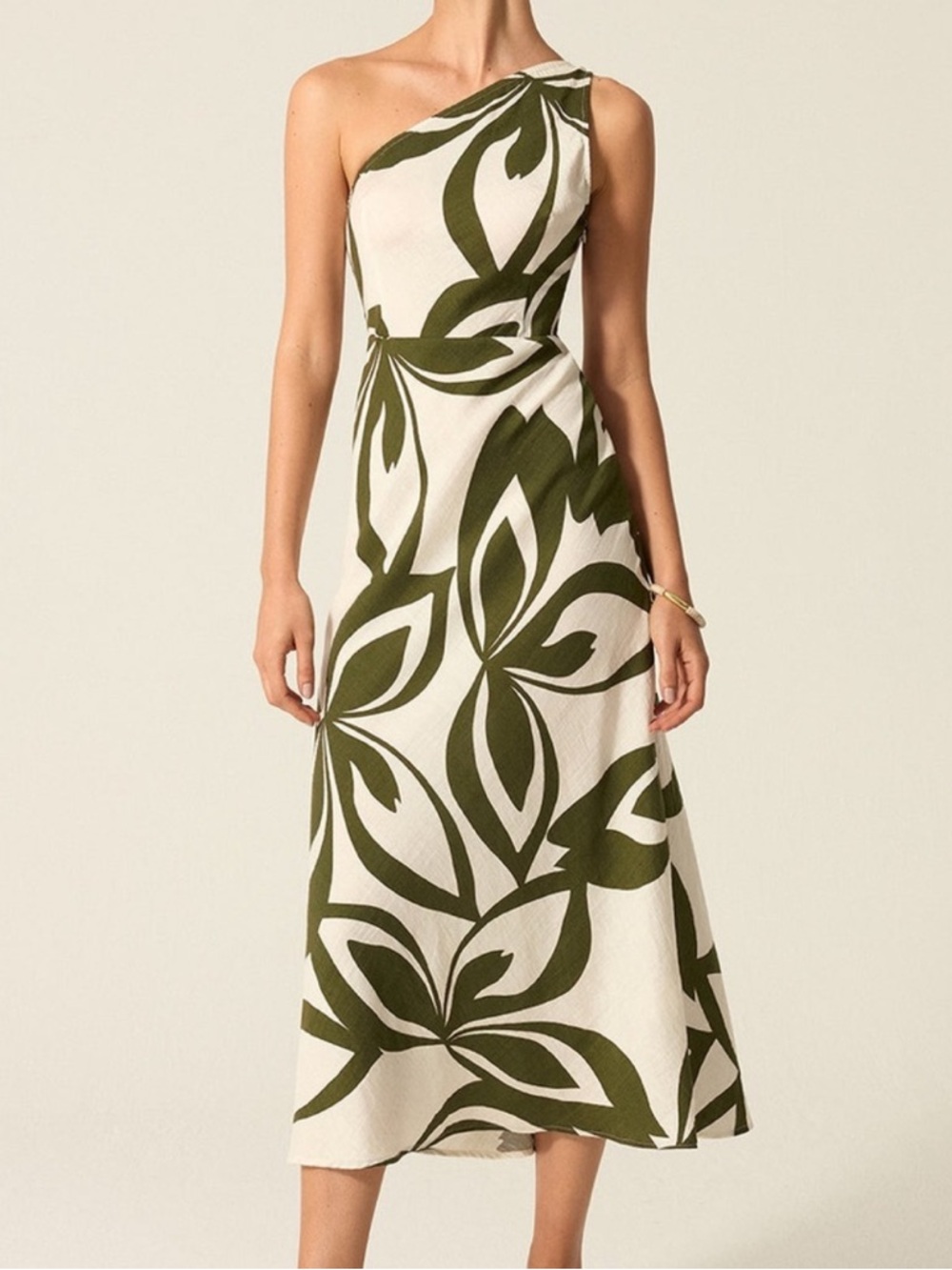 Commense One-Shoulder Olive Leaf Print Midi Dress sz m nwt
